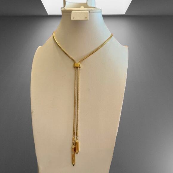 Gold Tone Snake Chain Lariat Necklace w/ Obelisk Pendants - Picture 6 of 8